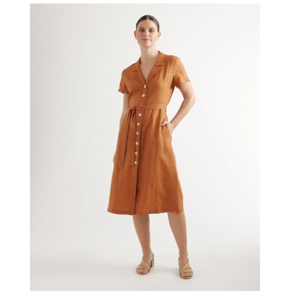 Quince 100% European Linen Button Front Midi Shirt Dress Terracotta Belted M NWT